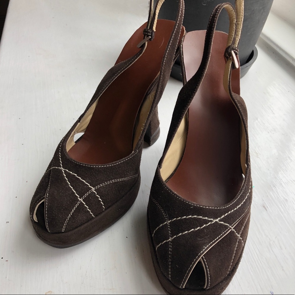 Prada dark brown suede peep-toe high heels.